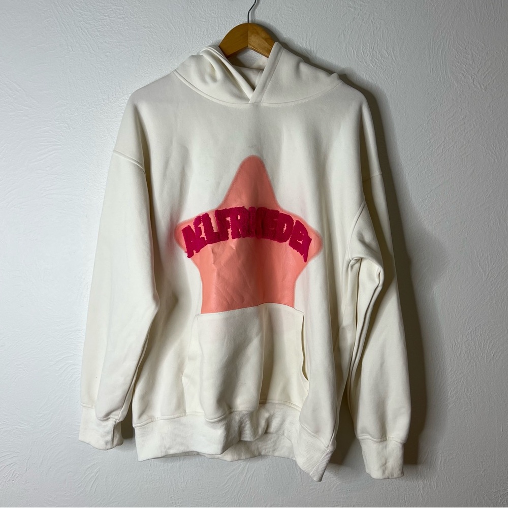 Elfric Eden V303 Star Hoodie Cream Embroidered Graphic Pullover Size S Small